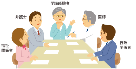 成年後見制度の関係者による会議風景イラスト